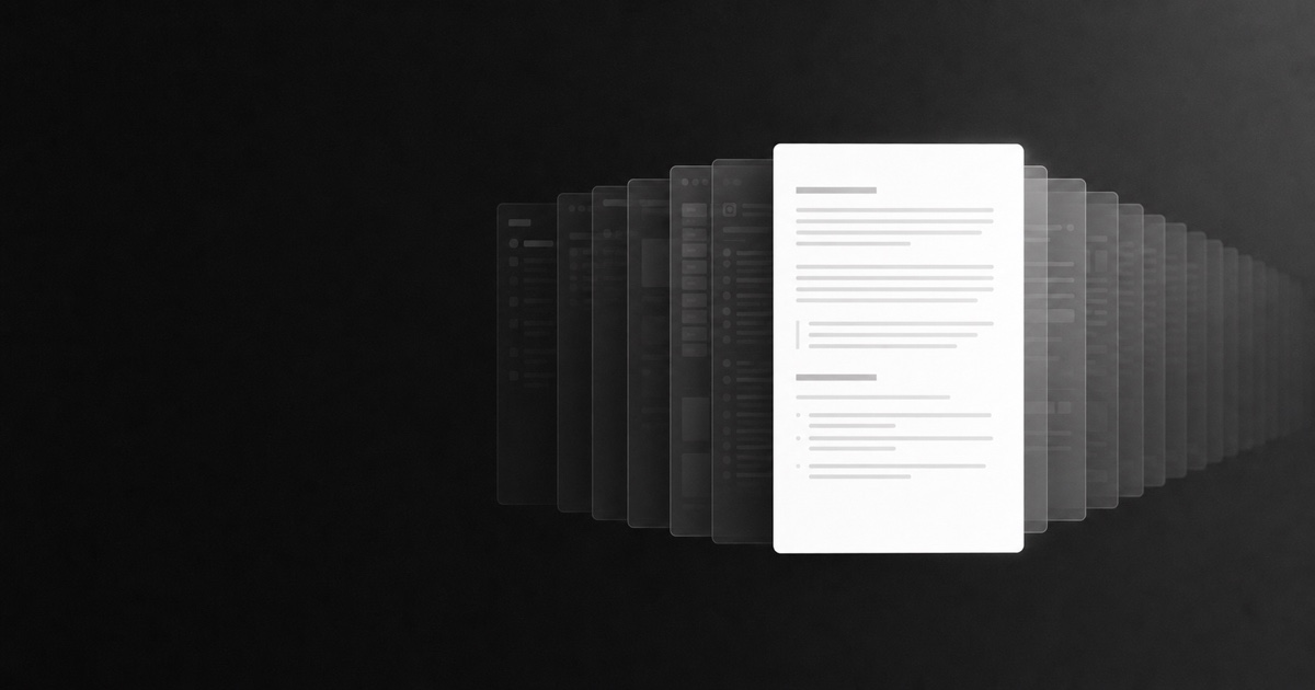 A bright, focused reading document emerging from layers of disappearing interface panels