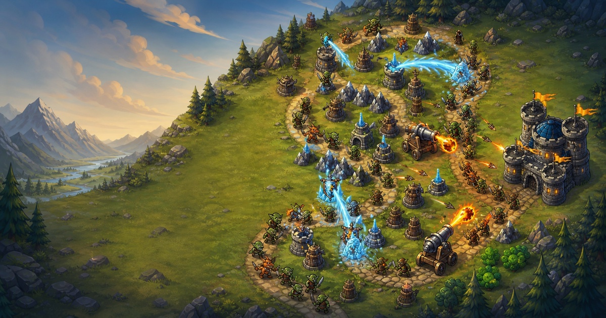 Illustrated Maze Tower Defense battlefield showing a winding defensive maze, towers, enemy waves, spell effects, and the fortress