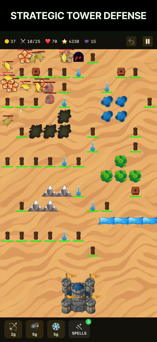 Strategic Tower Defense — gameplay on the Desert biome with a maze of wood-stake walls, frost towers, and stone obstacles