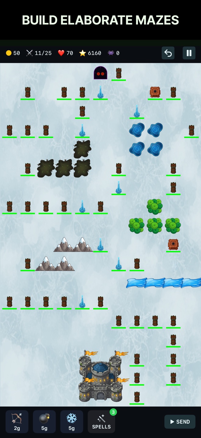 Build Elaborate Mazes — wood-stake maze on the Tundra biome funneling enemies through frost towers toward the fortress