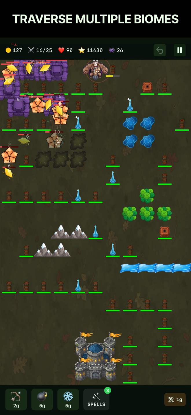 Traverse Multiple Biomes — dark forest biome with stone obstacles and a Boss enemy advancing on the maze