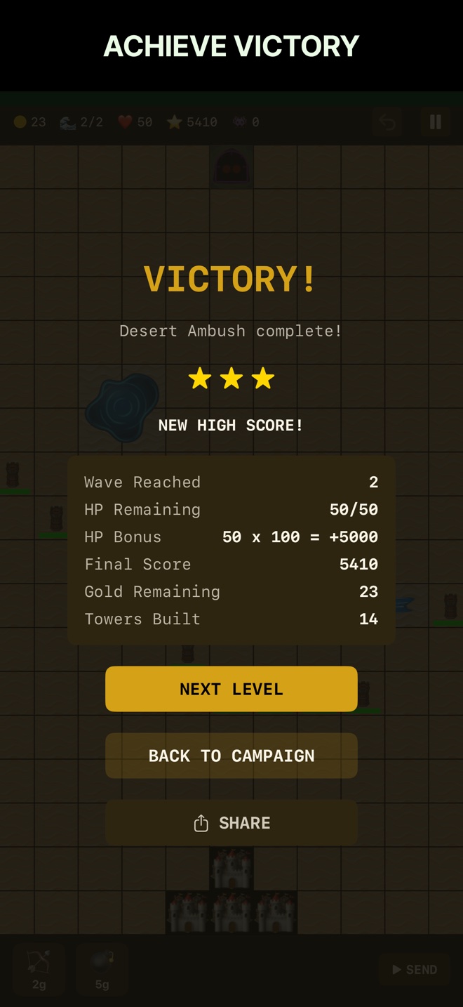 Achieve Victory — Desert Ambush level complete with three-star rating, new high score, and run summary