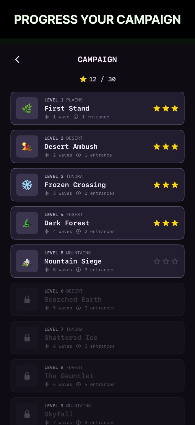 Progress Your Campaign — campaign level select with 12/30 stars earned across visible levels