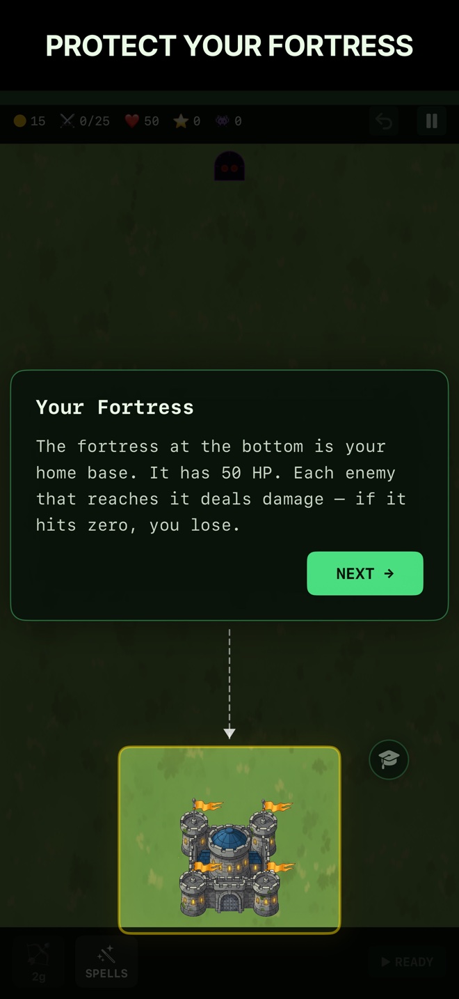 Protect Your Fortress — tutorial callout introducing the home base fortress at the bottom of the grid